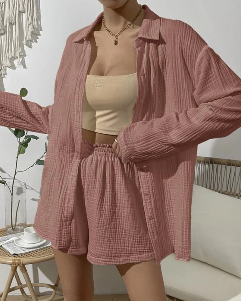 Shorts Set Cotton Pajamas Turn-Down Collar Long Sleeve Tops Suits