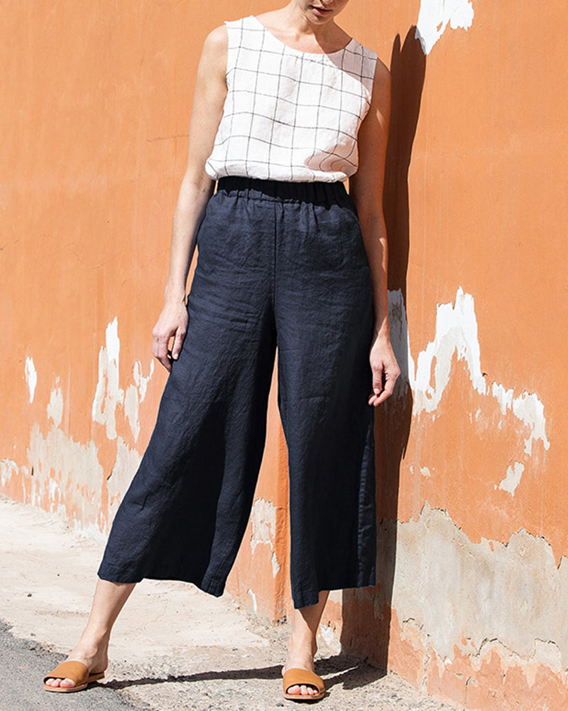 Elastic Waist Cotton Linen High Waist Wide Leg Pants