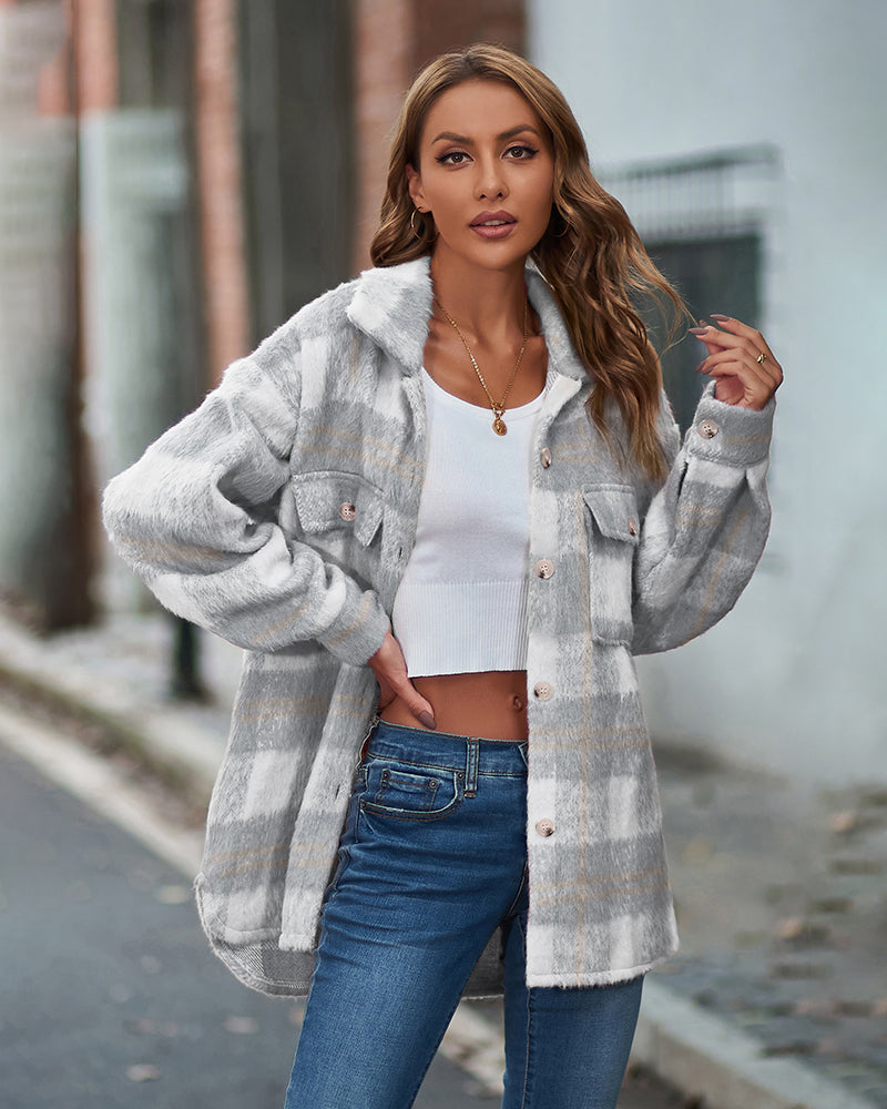 Plaid Fuzzy Longline Jacket with Pockets