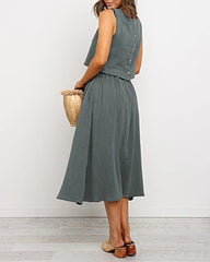 Crew Neck Side Pockets Single Breasted Casual Outfit Solid Color Sleeveless Short Vest Midi Skirt Set