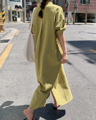 Oversized Button Down Maxi Shirt Dress Short Sleeve Side Split Casual Loose Solid Tunic Dress