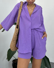 Casual Two Piece Outfits Wrinkled Short Sleeve Button-Down Shirt and Shorts Set