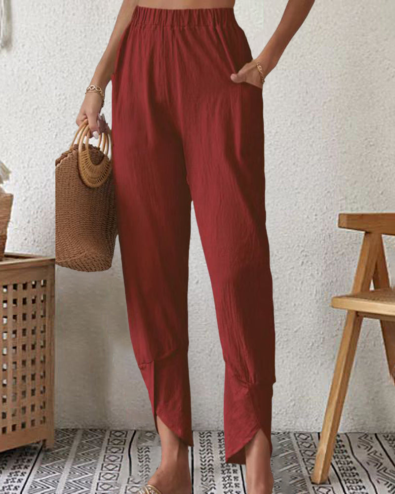 High Waist Wide Leg Palazzo Lounge Pants Smocked Elastic Waist Cotton Pants