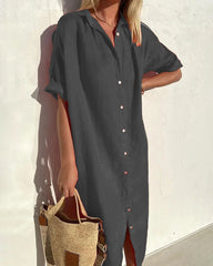 Turn-Down Collar Short Sleeve Single Breasted Loose Shirt Dress Solid Color Summer Beach Dresses