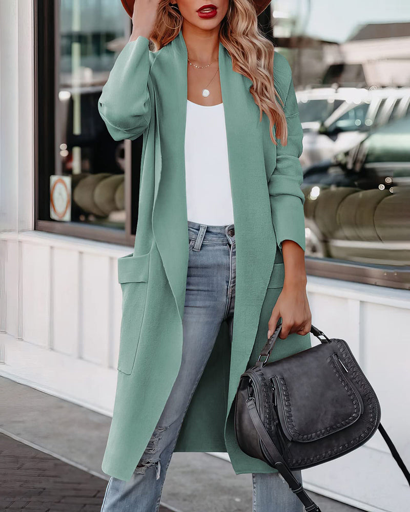 Casual Long Sleeve Draped Open Front Knit Pockets Long Cardigan Jackets Sweater