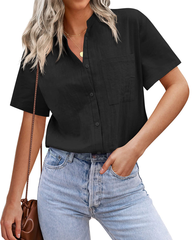 Women Casual Linen Shirts Henley Short Sleeve Blouses Lightweight Loose Top - Zeagoo (Us Only)