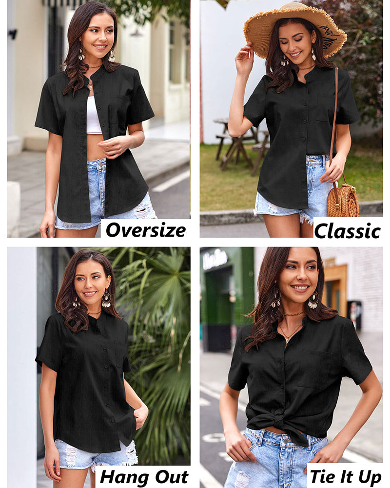 Women Casual Linen Shirts Henley Short Sleeve Blouses Lightweight Loose Top - Zeagoo (Us Only)