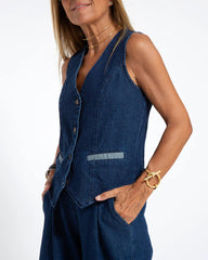 Casual Denim Two-piece Set Sleeveless Vest and Long Wide-leg Jeans Pants
