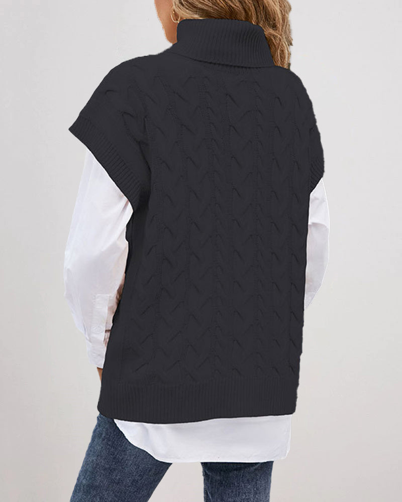 Turtleneck Sleeveless Cable Knitted Tank Tops Casual Loose Solid Sweater