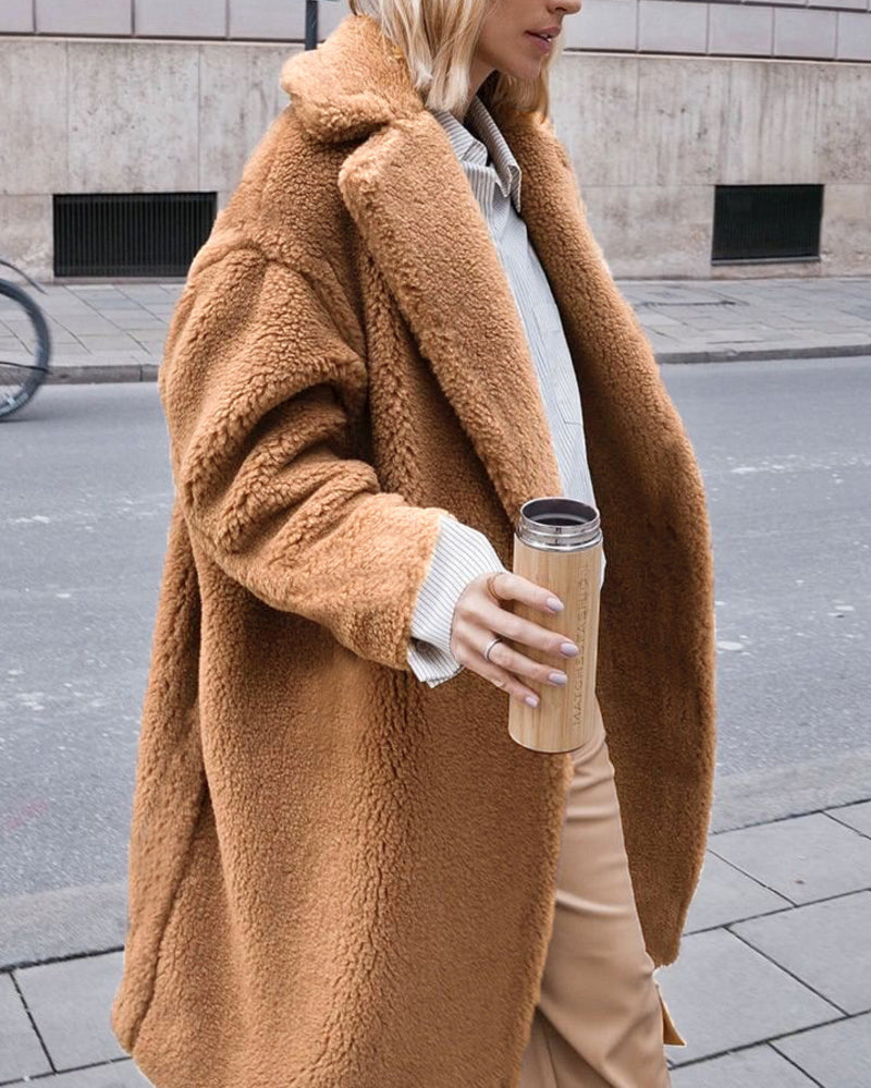 Faux Fur Plush Coat Open Front Solid Long Teddy Overcoat