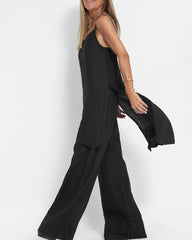 Women Casual Long Vest and Wide Leg Pants Two Pieces Set Suits