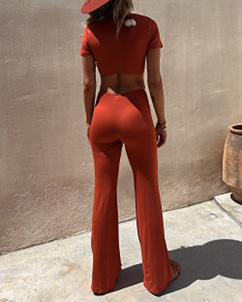 Crew Neck Short Sleeve Waist Cut Out Backless Casual Jumpsuit Romper