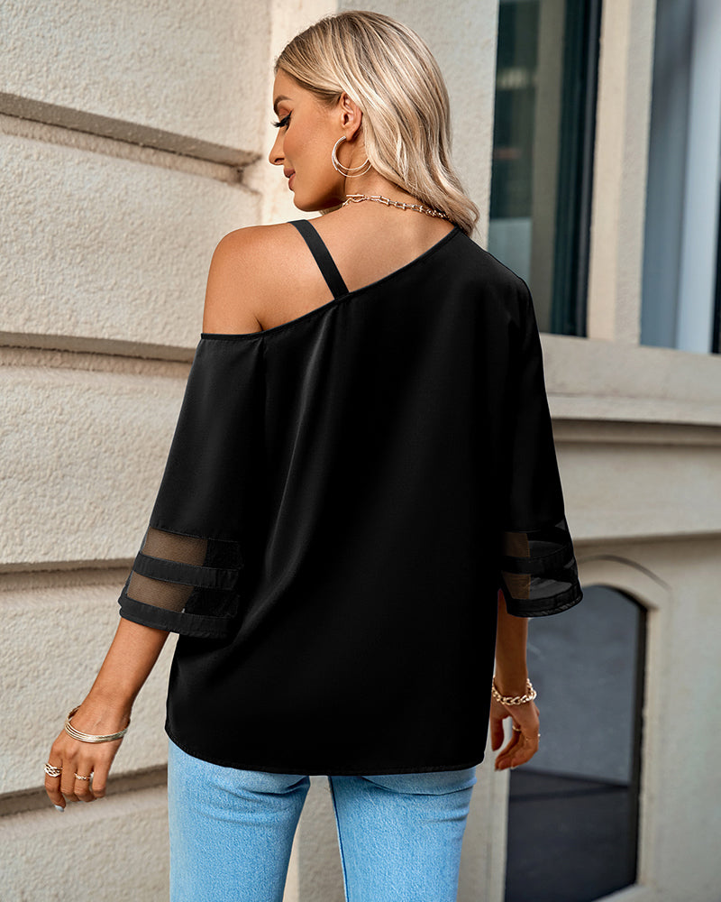 Asymmetrical Neck Buckled Spliced Mesh Blouse