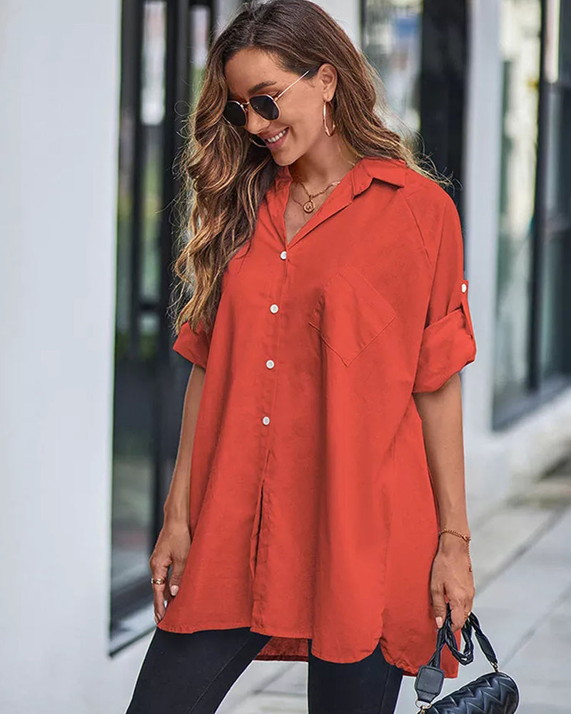 Long Cuffed Sleeve Shirts Button Down V Neck Blouse Loose Fitting Tops