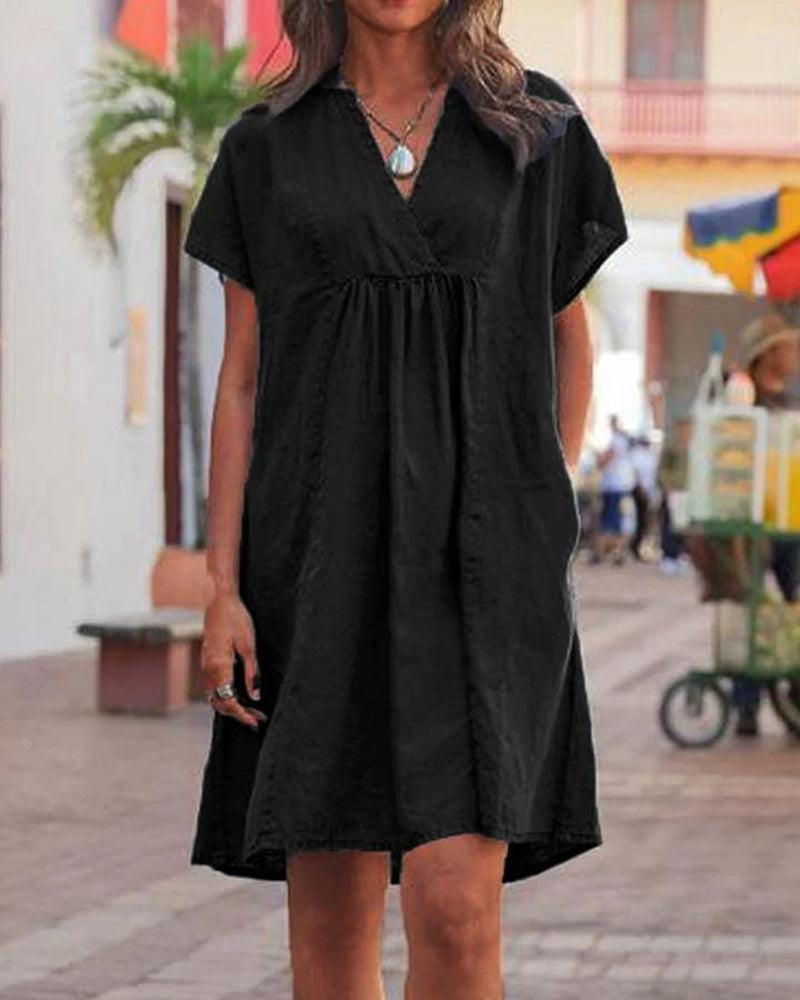 Summer V Neck Short Sleeve Babydoll Dress Casual Bohemian Dress Beach Long Sundress