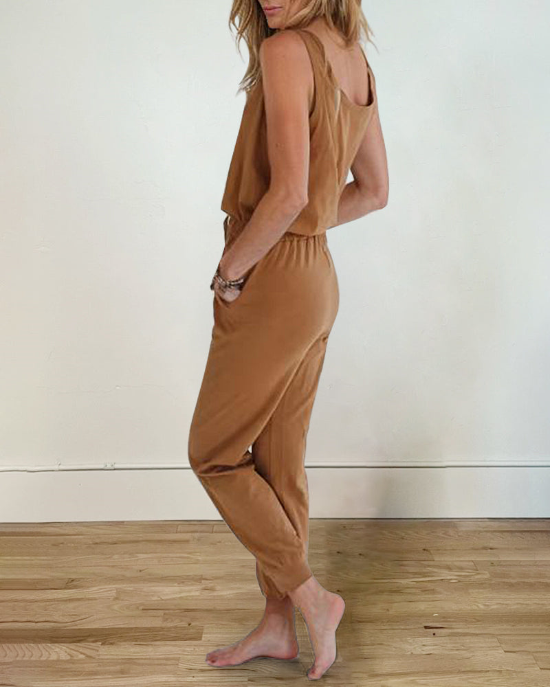 Casual Two Piece Set Sleeveless Jumpsuit and Cardigan Set