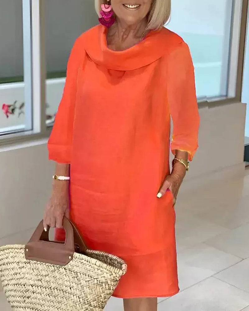 Stitching Round Neck Casual Style Solid Color Long Sleeve Dress