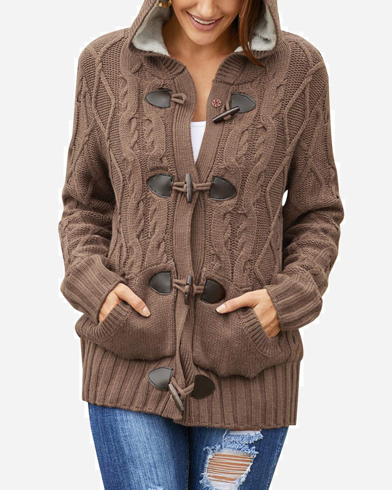 Casual Loose Fitting Fluffy Button Down Knitwear Coatigan Chunky Cable Hooded Cardigan