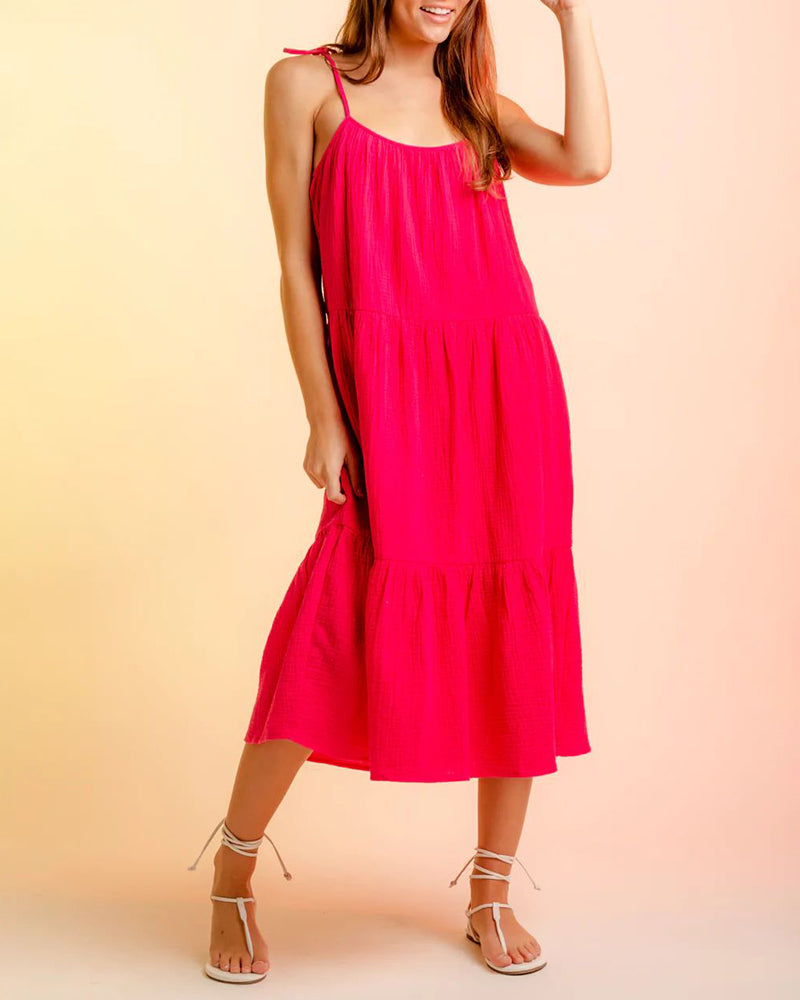 Lace-up Sling Dress Candy Color Stitching Solid Color Midi Dress