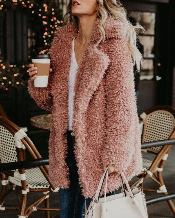 Pink Teddy Bear Coat Winter Warm Loose Oversized  Fleece Jacket Pockets Faux Fur Coat