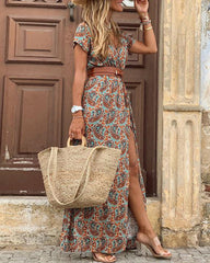 V Neck Short Sleeve Print Dress Belt Big Hem Beach Dress Elegant Long Dress