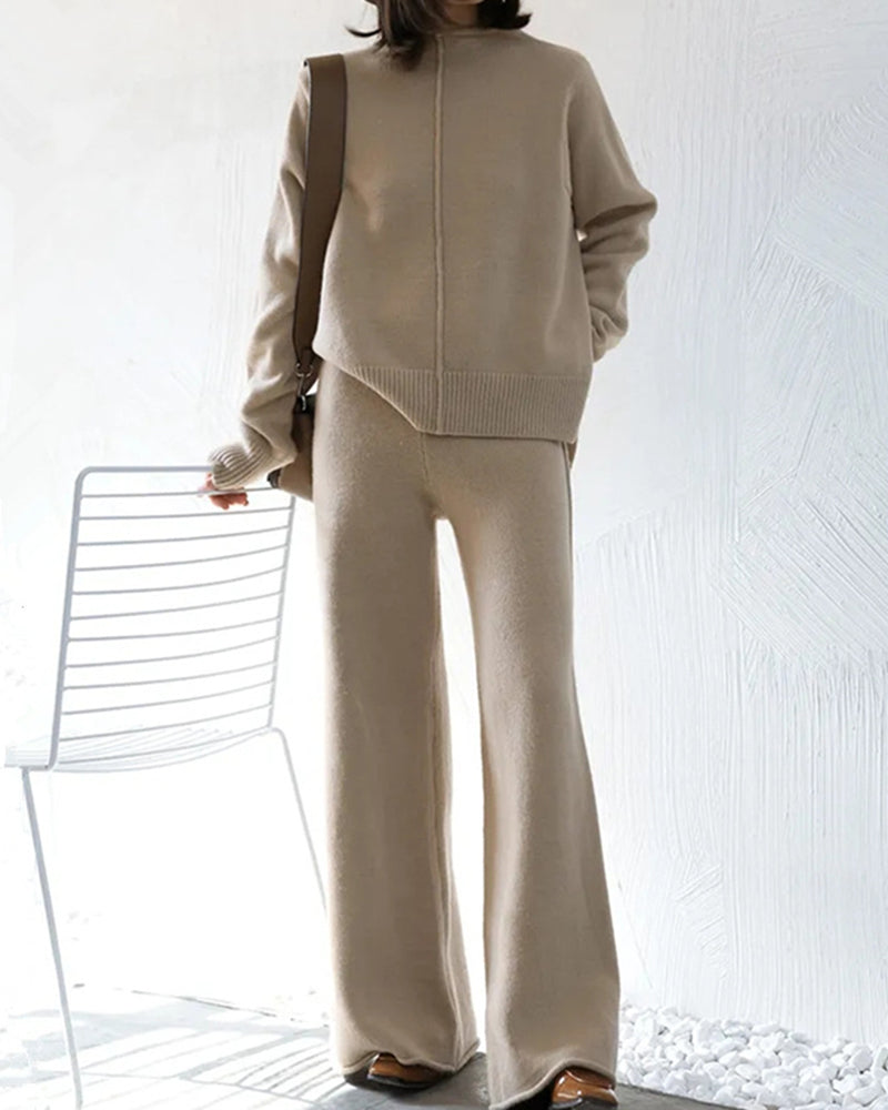 Lounge Set Casual Side Slit Knitted Sweater Pullover Top Wide Leg Pants Two Pieces Tracksuit