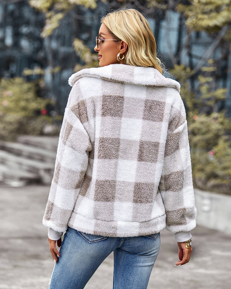 Double Sided Fleece Long Sleeve Plaid Jacket