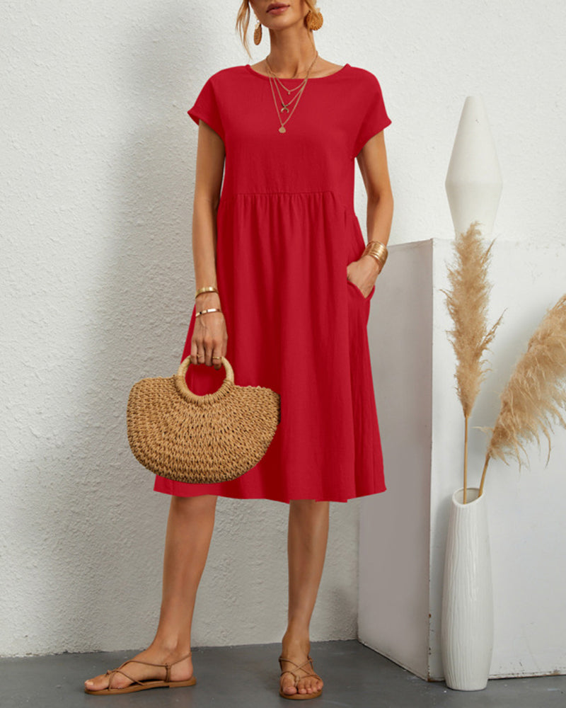 Round Neck Short Sleeve High Waist Dresses Solid Color Casual Holiday Beach Party Sundress