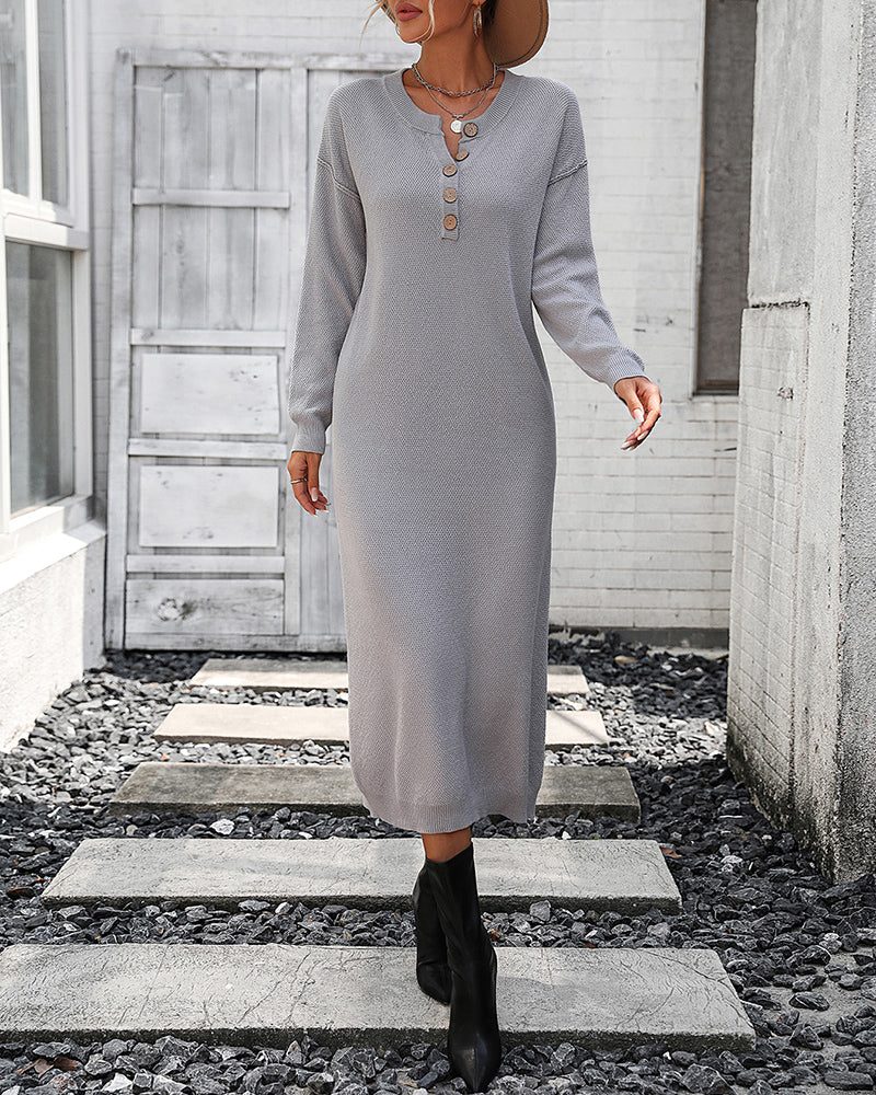 Sweater Maxi Dress Long Sleeve Button V Neck Knitted Dresses Oversized Loose Fashion Streetwear