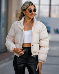 Short Puffer Jacket Stands Up Button Zipper Outerwear