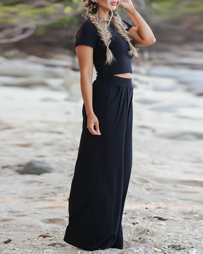 Two Piece Outfit Short Sleeve Crop Top and Wide Leg Pant Set