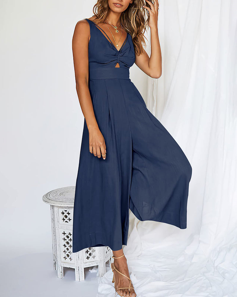 Casual Sleeveless Hollows High Waist Bodysuit Spaghetti Strap Loose Jumpsuit Overalls