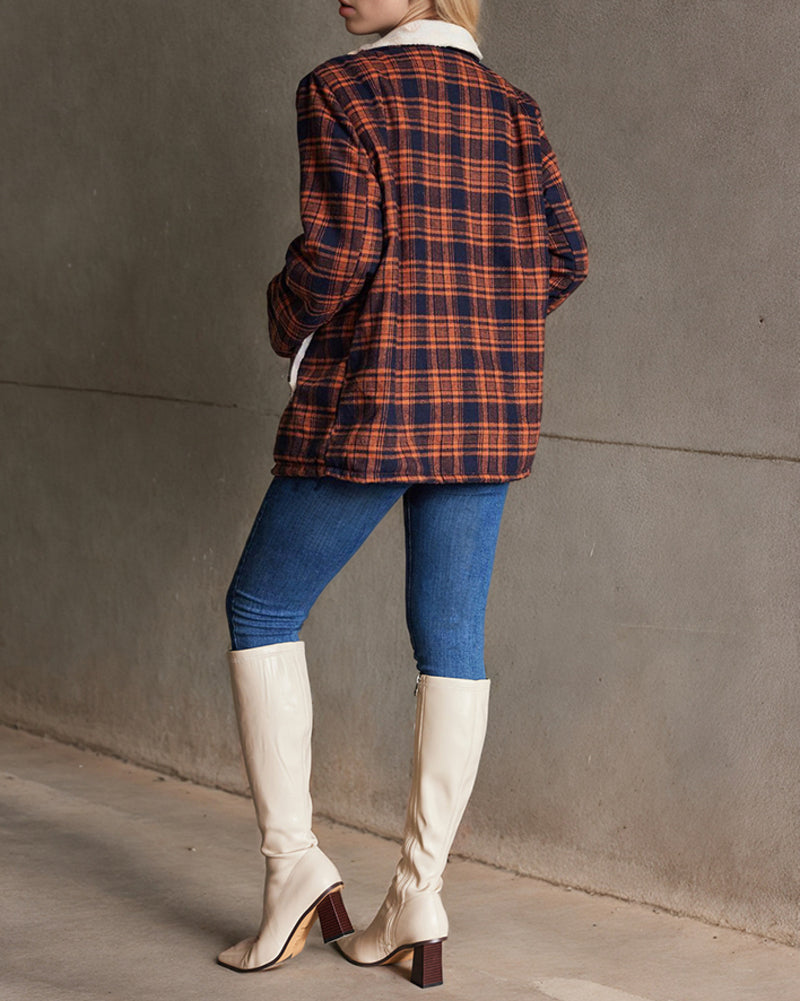 Vintage 70s Orange and Black Plaid Plush Jacket