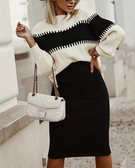 Casual Ribbed Two-piece Set, Color Block Knit Sweater & Solid Midi Sweater Skirts Outfits