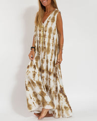 Casual Sleeveless Dress Loose V Neck Tie-dye Beach Maxi Long Dress