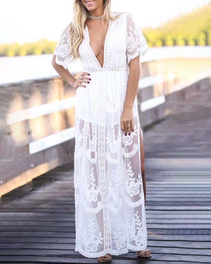 Floral Lace Maxi Dress V Neck Short Sleeve Boho Wedding Bridesmaid Evening Party Beach Slit Flowy Long Dresses