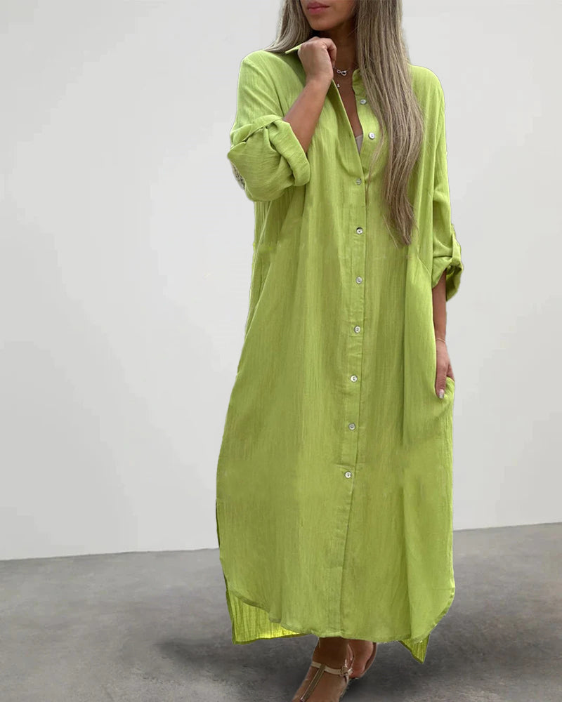 Casual Collar Button Pocket Long Sleeve Shirt Dress