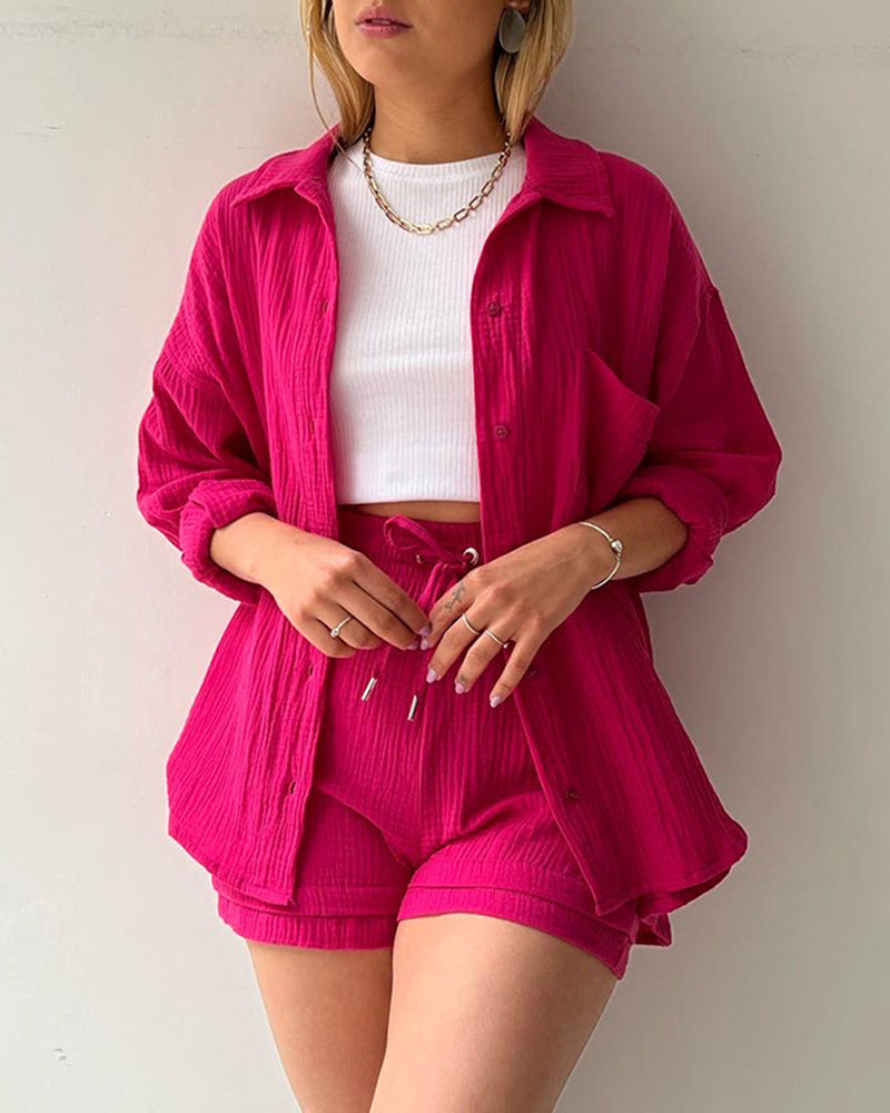 Solid Pocket Patched Drop Shoulder Blouse & Shorts Sets