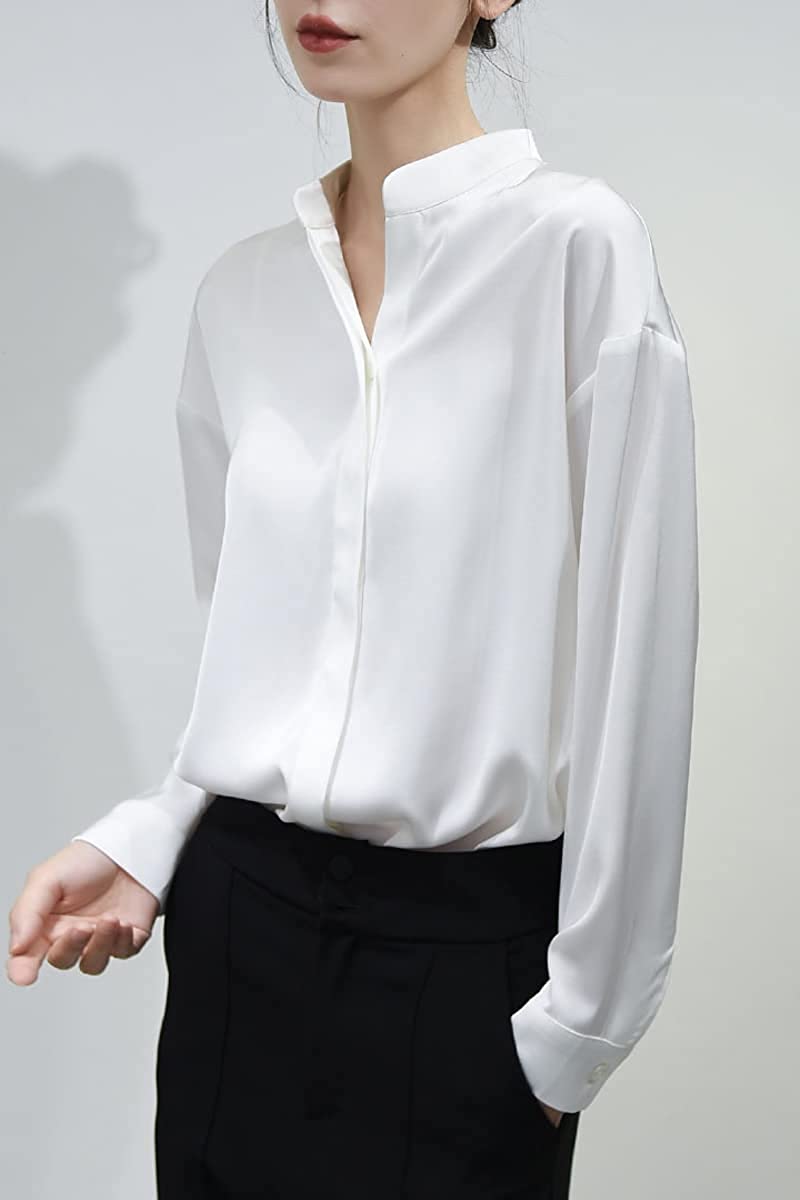 Women's Silk Button Down Shirts V Neck Long Sleeve Casual Work Office Blouse Top - Zeagoo (Us Only)