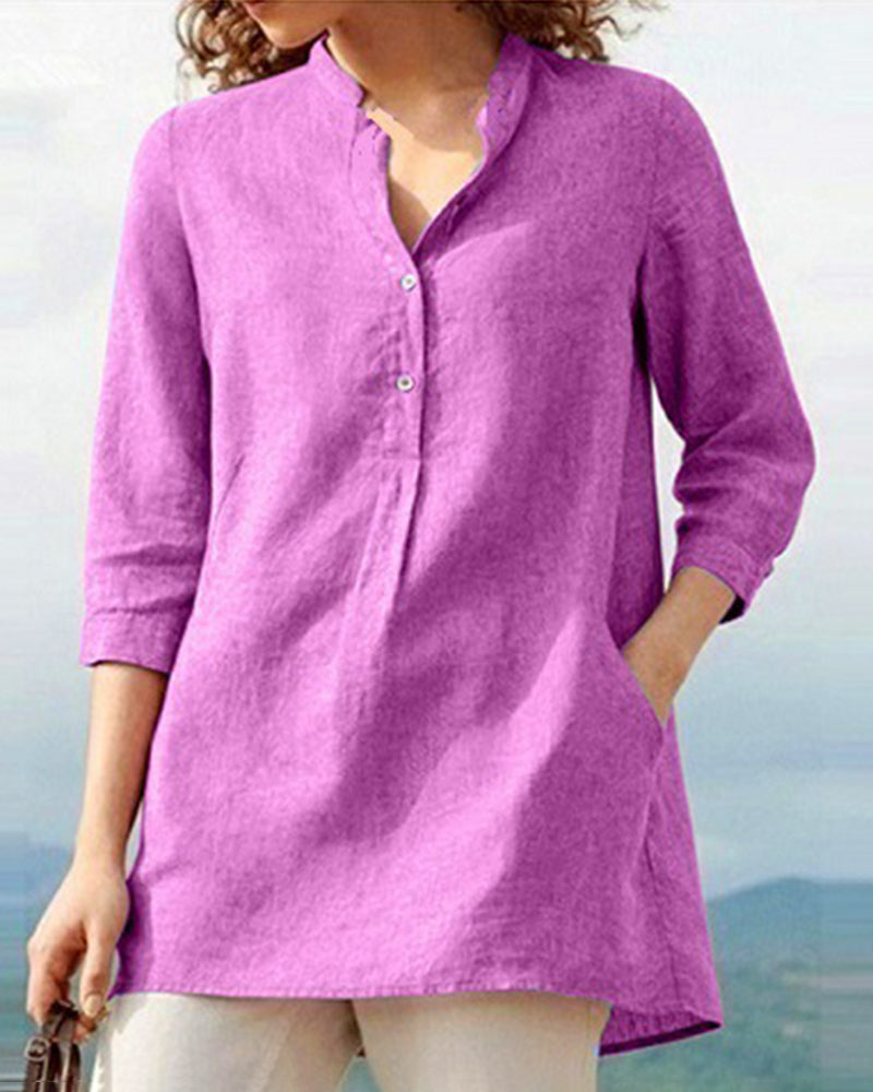 Solid Color Mid Sleeve Shirt Retro Urban Casual Stand Collar Loose Blouses