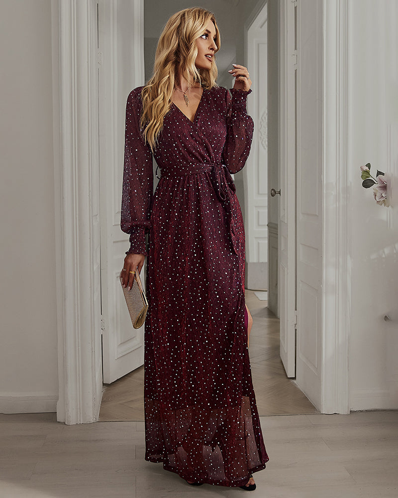 V-neck High Split Long Evening Dress with Belt