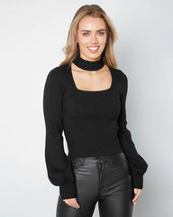 Lantern Sleeve Hollow Half Turtleneck Knit Sweater