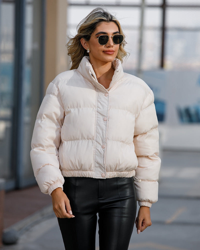 Short Puffer Jacket Stands Up Button Zipper Outerwear
