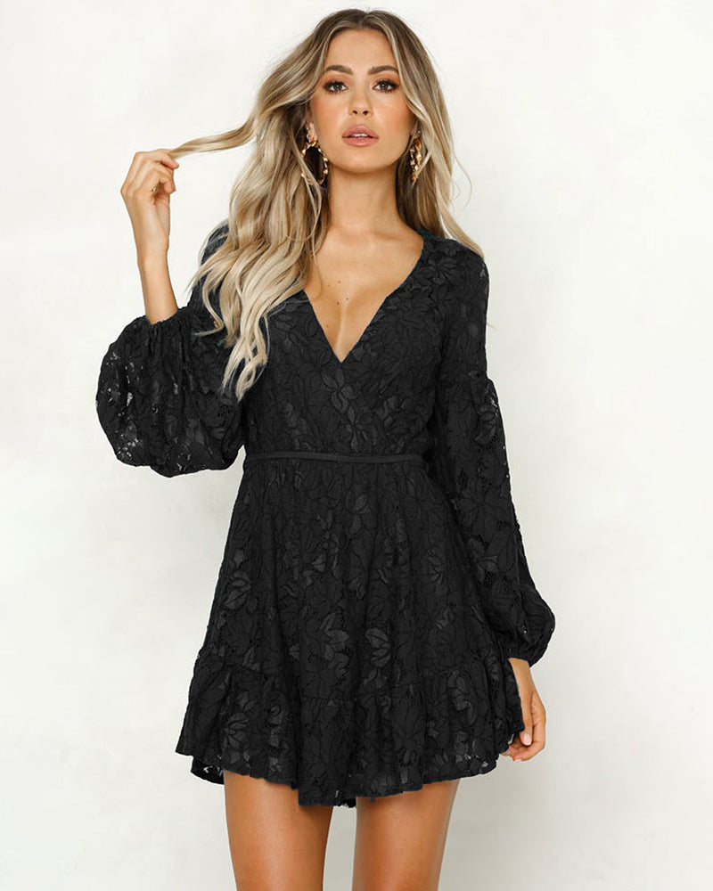 Lace Dress Deep V Floral Long Sleeve Cocktail Swing Dress