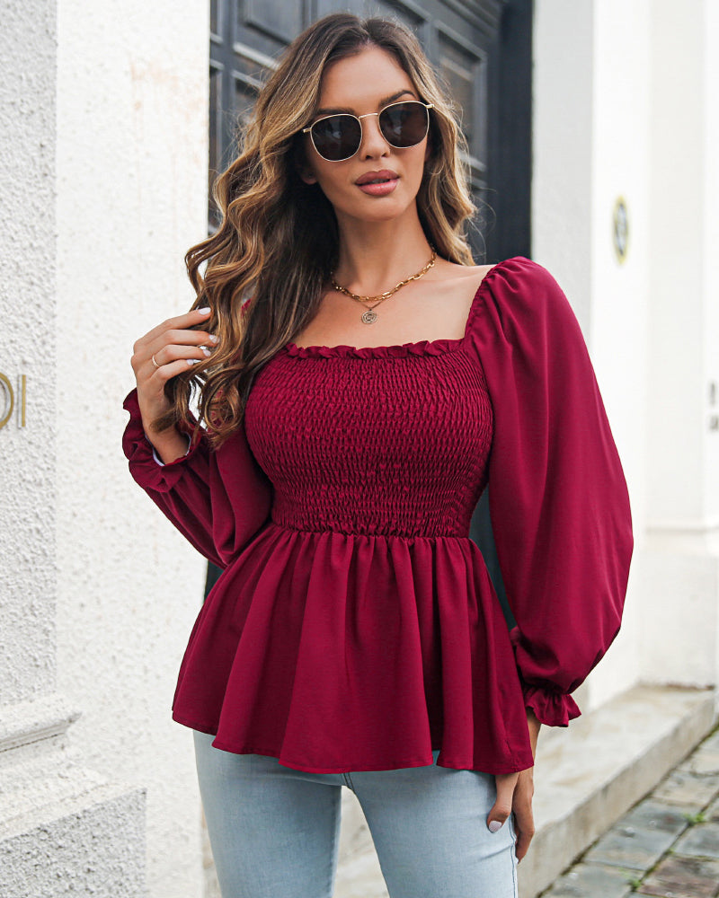 Puff Long Sleeve Blouse Casual Shirred Peplum Hem Tops Square Neck Smocked Babydoll Top