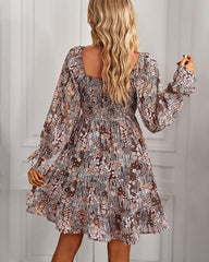 Ribbed Long Sleeve Chiffon Dress Crewneck Elegant Batwing Bohemian Floral Printed Dress