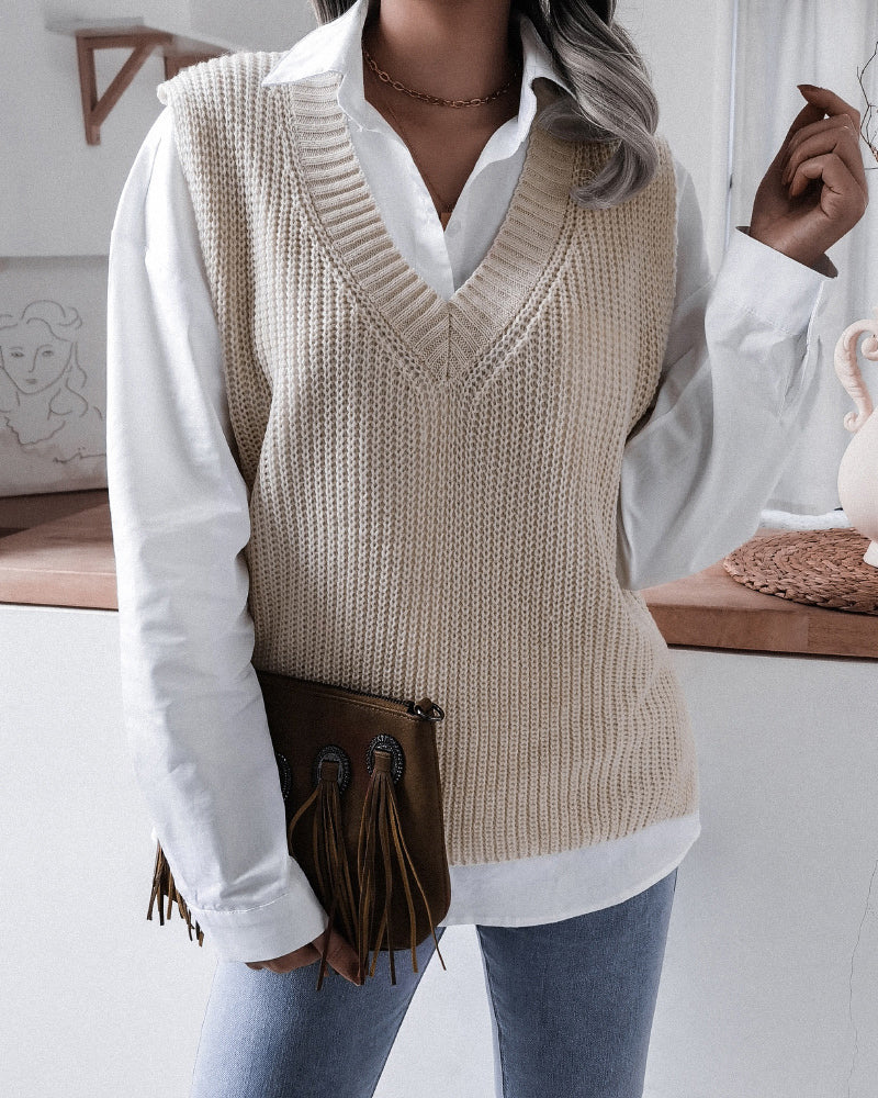 V-neck Knit Sweater Vest Loose Fit Casual Vintage Classic Sleeveless Crop Sweater Tops