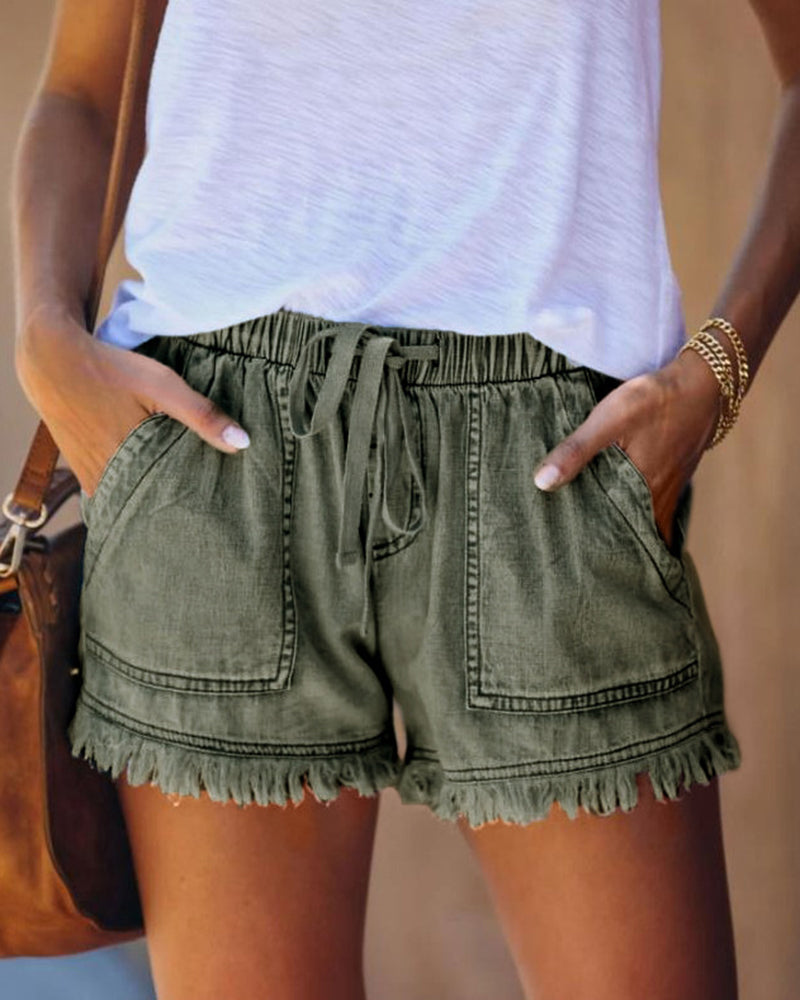 Denim Shorts Casual Drawstring Elastic Waist Summer Frayed Tencel Short Jeans With Pockets