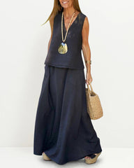 Casual Sleeveless V-neck Vest with Elastic Waist Long Flowy Skirt Set