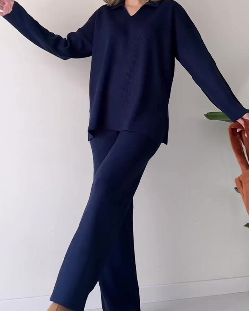 Solid Color Loose Hem Slit Two-piece Sweater Set
